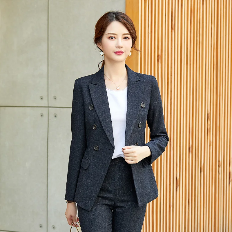 

Women's Brown Grey Striped Blazer Suits Long Sleeve Double Breasted Jacket Pants Set 2 Pieces Office Ladies Autumn Clothing