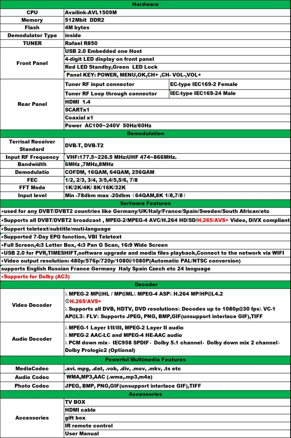 DVB-T2 цифровой приемник поддерживает H.265/HEVC H265 тюнер Hevc декодер Dvb t2 горячая