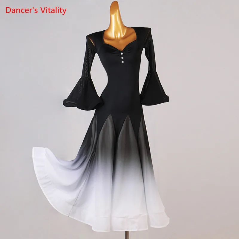 

Waltz Dance Dress V-Neck Long Skirt Mesh Flared Sleeves Performance Clothes Profession Custom Adult Child Competition Clothing