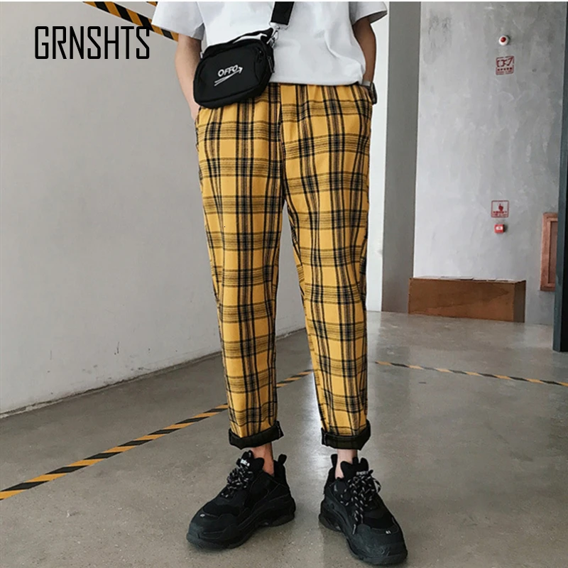 Уличная одежда желтые клетчатые брюки мужские джоггеры 2019 повседневные Прямые