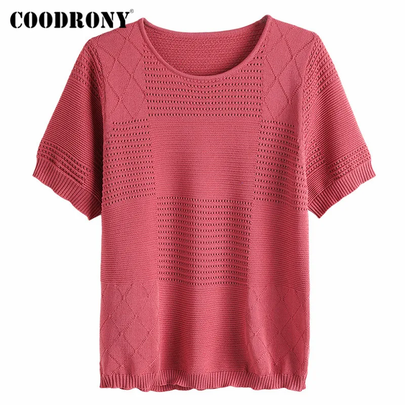 

COODRONY Brand Casual Summer Knitted Womens O-Neck Tops Elegant Fashion Cool Female Thin Solid Color T-Shirts W5059S