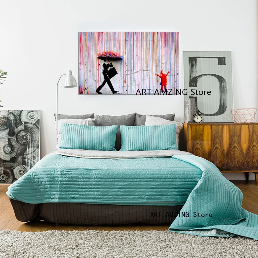 Grumpy Umbrella Man &amp Happy Rainbow Rain Girl настенная Картина на холсте фотография стены Декор