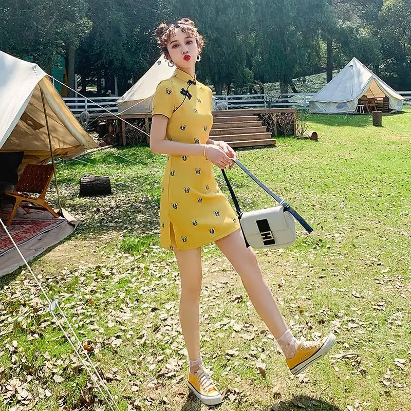 

Женское платье в китайском стиле, Желтое Короткое тонкое платье в стиле Ципао для девушек, лето 2021