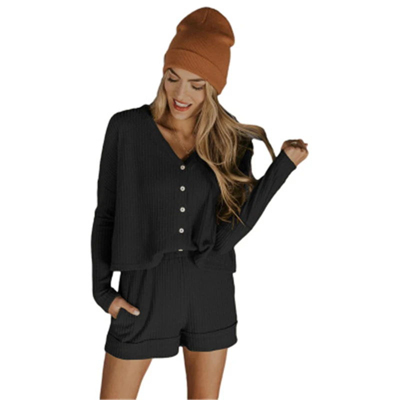 

Tops and Shorts Two Piece Set Casual Long Sleeve Spring Sweatsuits for Women Buttons Thin Streetwear Femme Home Suits