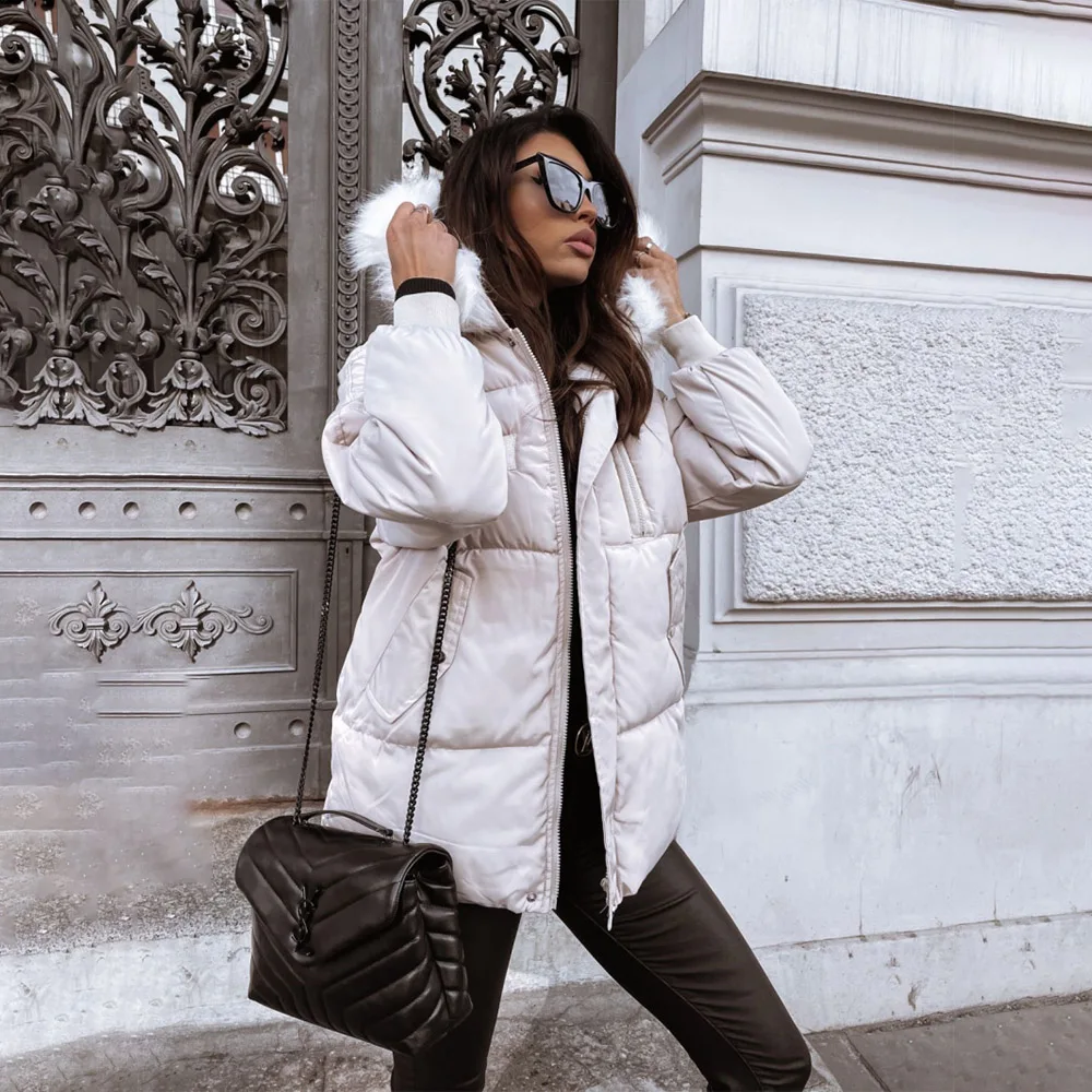 Women's Winter New Coat Solid Color Long-Sleeved Faux Fur Collar Hooded Cotton-Padded Jacket Loose Thick Warm Coat Snow Parka