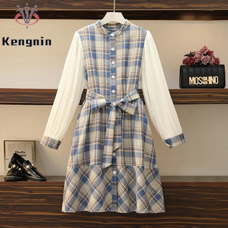 

Loose Oversized 4XL Women Tunic Dresses Autumn Patchwork Plaid Female Robe Dress Long Sleeve Sashes Bow Office Lady Dress KE2050