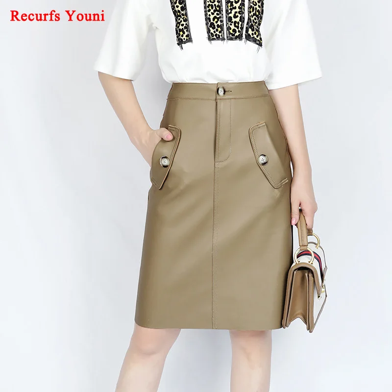 Женская Облегающая Юбка миди из натуральной кожи бежевая/черная|Женские юбки| |