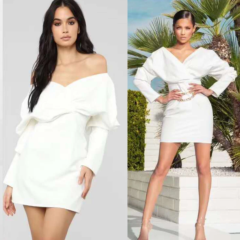 

Elegant Women Sexy Formal Mini Dress V Neck Long Puff Sleeve Solid color Office Ladies Evening Party Prom Gown 76-4.9