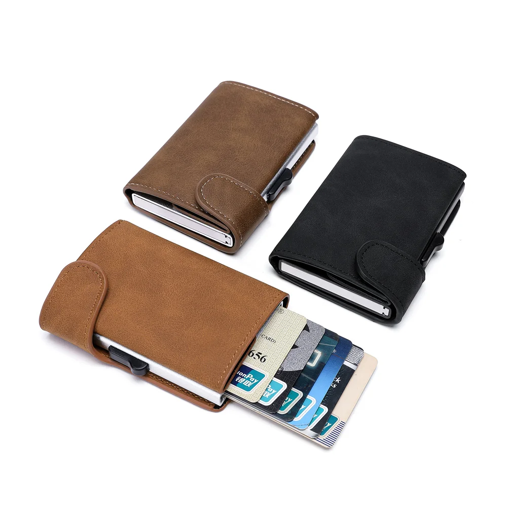 2021 leather credit card holder rfid aluminium case men women wallet crazy horse pu leather business bank cardholder case free global shipping