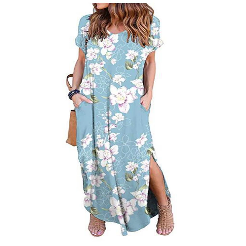 

Plus Size 5XL Summer 2021 Casual Women Dress V-Neck Short Sleeve Floral Maxi Dress For Women Long Dress 100% Cotton Lady Dresses
