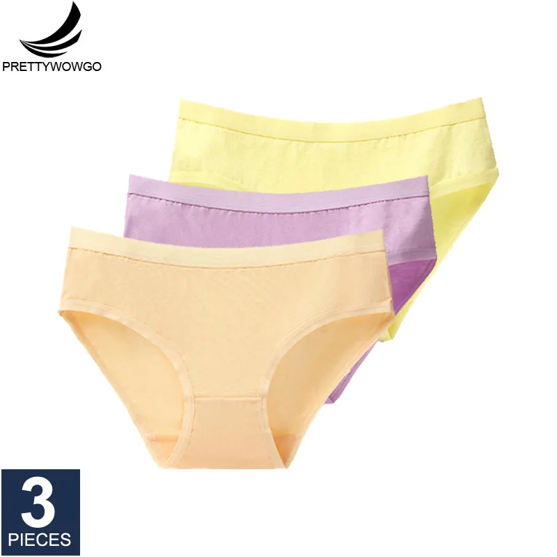 khaki.purple.yellow Prettywowgo 3 шт./партия, Новое поступление, женское нижнее белье, хлопковые трусы, 8 однотонных цветов, трусы, большие размеры M L XL XXL 3XL 008 - Цвет: khaki.purple.yellow
