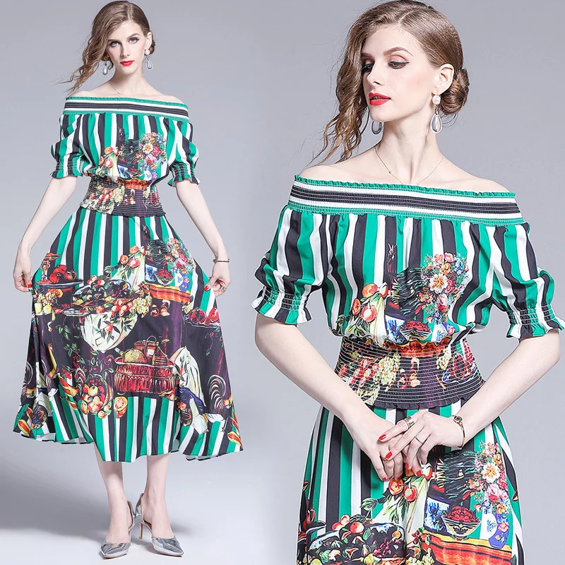 M-XXL spring summer woman dress vintage pattern black white green strip slash collar fashion calf length | Женская одежда