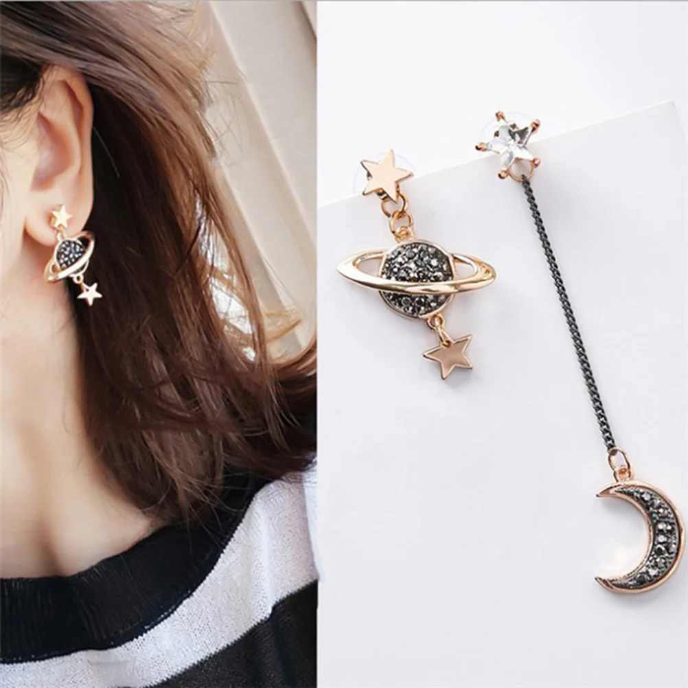 

Trendy Asymmetric Outer Space Design Earrings Moon Star Plane Shining Earring for Party