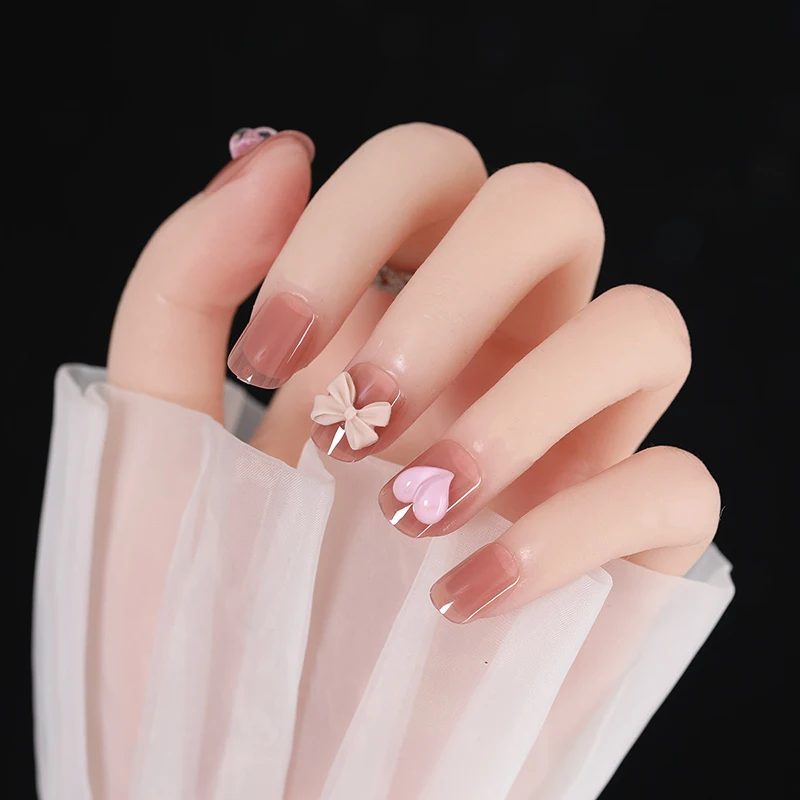

24PCS Pink Heart Nail Patch Sweet Style Removable Midi Paragraph Manicure Save Time Glue Type False Nail Patch SANA889