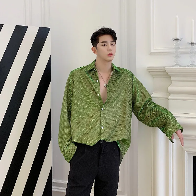 

Male Japan Korea Style Stage Dress Shirts Men Shiny Weave Long Sleeve Casual Shirts Nightclub Clothes
