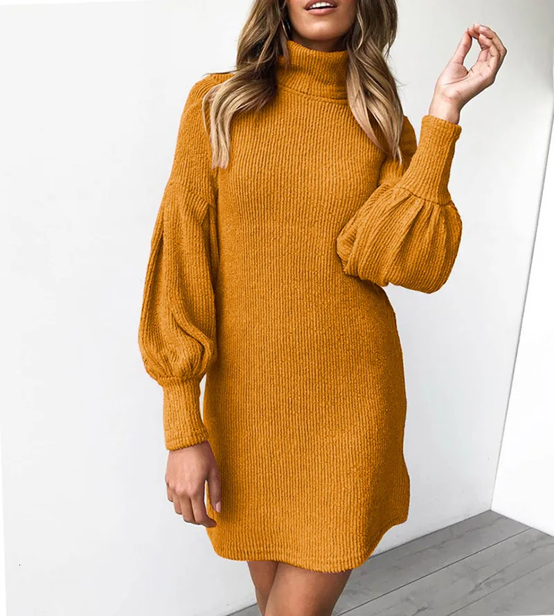 

RICORIT Loose Dress Women Puff Long Sleeve Knnitted Turtleneck Dresses Autumn Winter Clothing Female Casual Clothes
