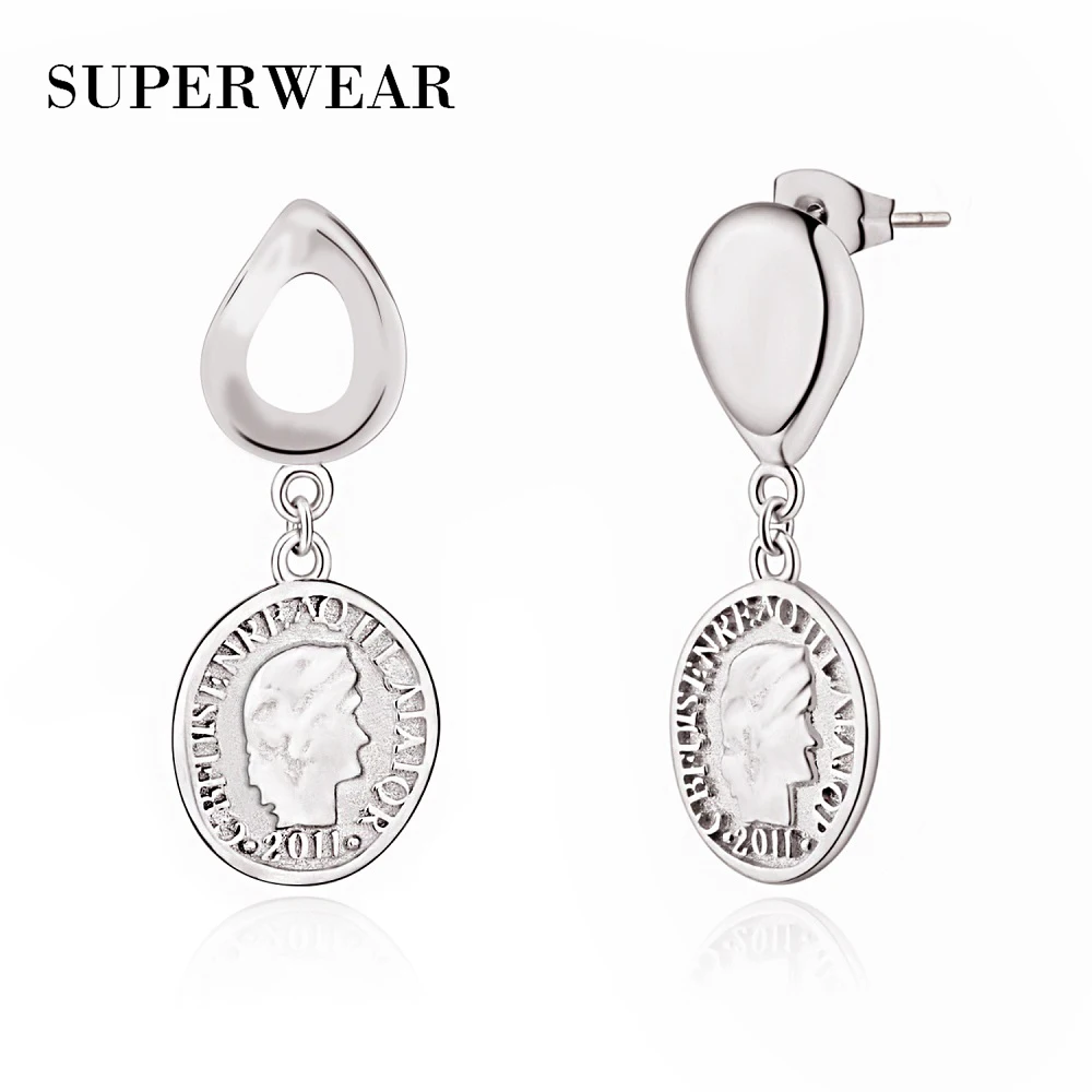 SUPERWEAR, 925 пробы, серебряные, асимметричные серьги с подвеской, желтое золото, цвет древняя монета, женские серьги-капли, винтажные ювелирные изделия - Окраска металла: Silver Earrings