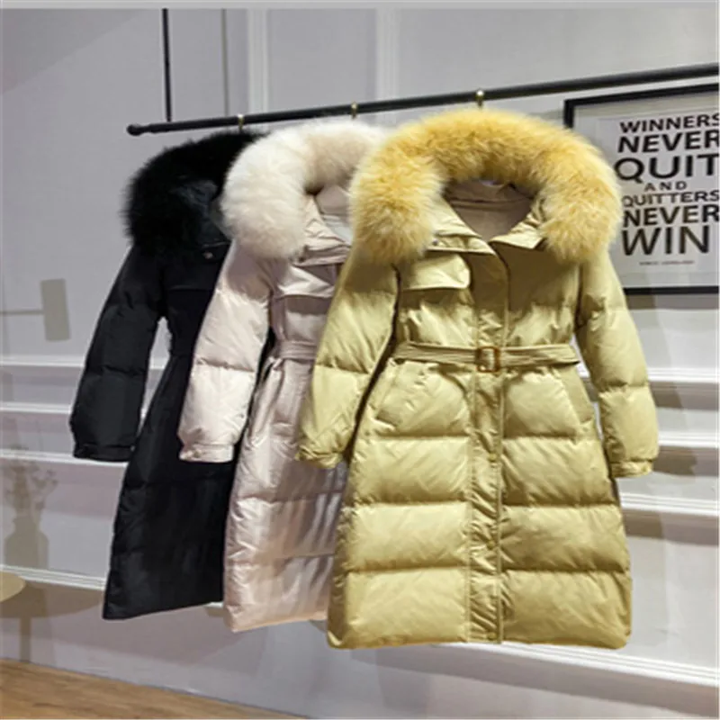 2020 New Winter Women's Down Jacket Hooded Big Fur Collar Long Over The Knee Korean Style Slim White Duck Down Coats