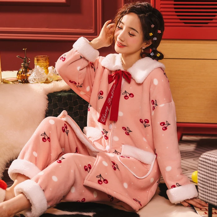 Милая индивидуальная плотная фланелевая теплая женская пижама из кораллового