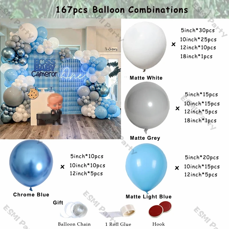 Guirnalda de globos de color blanco y azul claro para ni&ntilde;os, decoraci&oacute;n de cumplea&ntilde;os, Baby Shower, bola azul cromada, suministros de decoraci&oacute;n para el D&iacute;a de los ni&ntilde;os, 167 piezas-1
