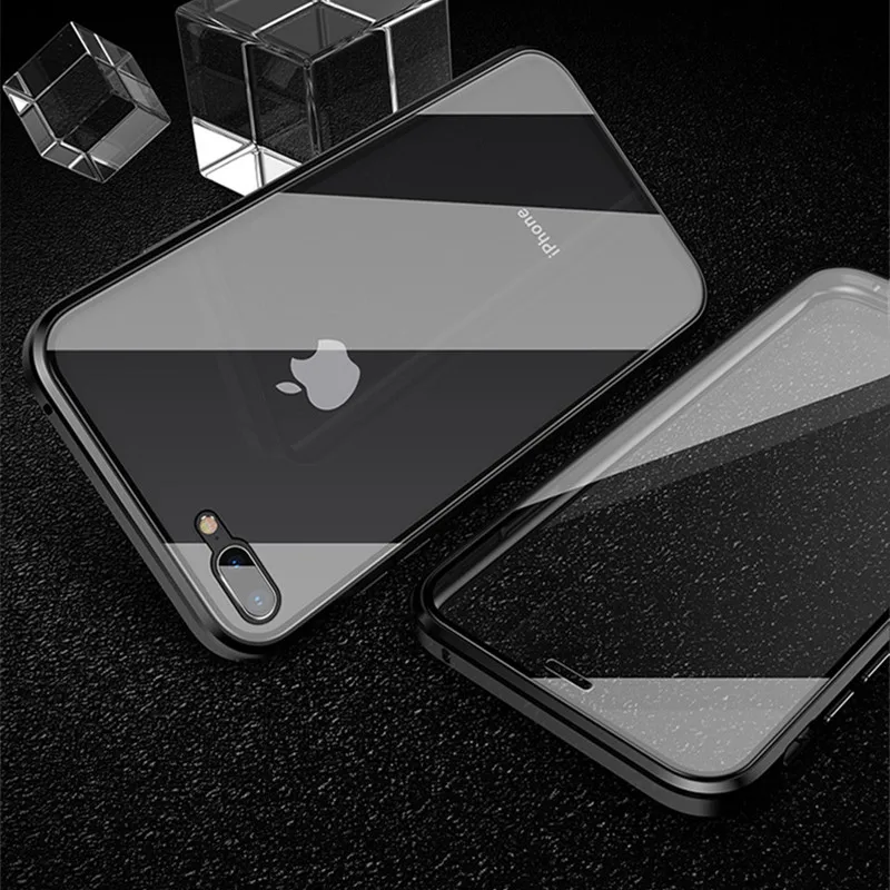 Black Магнитная Адсорбция металлический чехол для iPhone X 7 8 плюс Двусторонняя закаленное Стекло задний Чехол на магните для iPhone 6 6s X XS Max чехол - Цвет: Black
