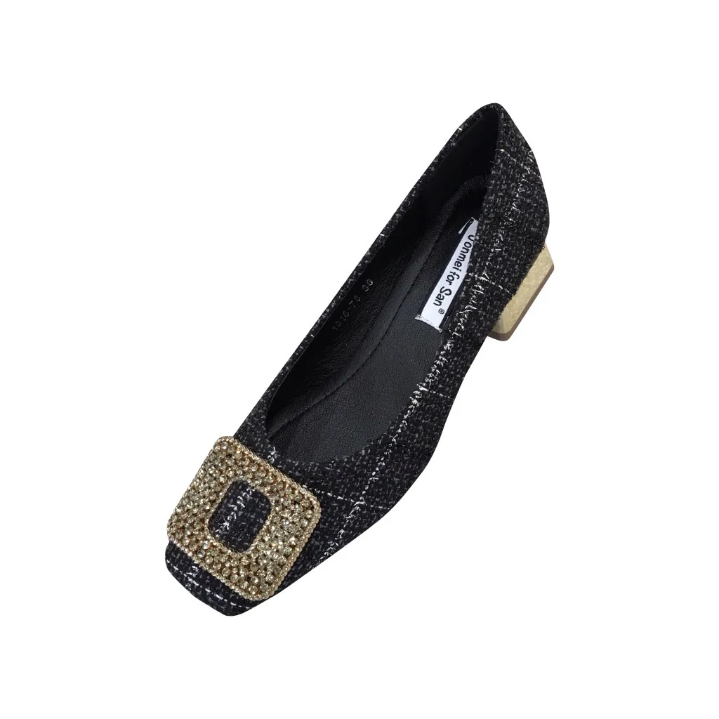 

Round Toe Women Casual Female Sneakers Low Heels All-Match Shallow Mouth Flat Shoes Crystal On Heels Retro Dress Square Rhinesto