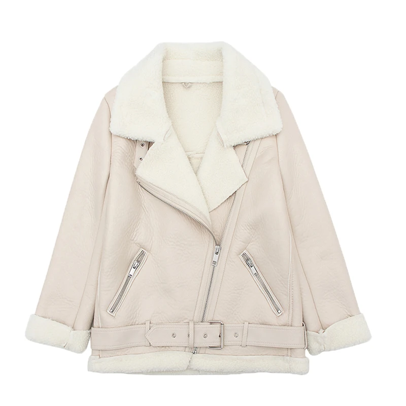 

LY VAREY LIN Women Winter Turndown Collar Warm Thick Faux Leather Lambs Wool Fur Collar Suede Jacket Faux Lamb Leather Coats