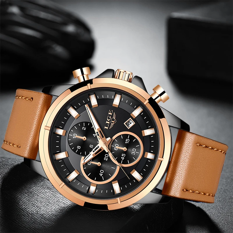 Часы наручные LIGE Мужские кварцевые в стиле милитари с хронографом и кожаным