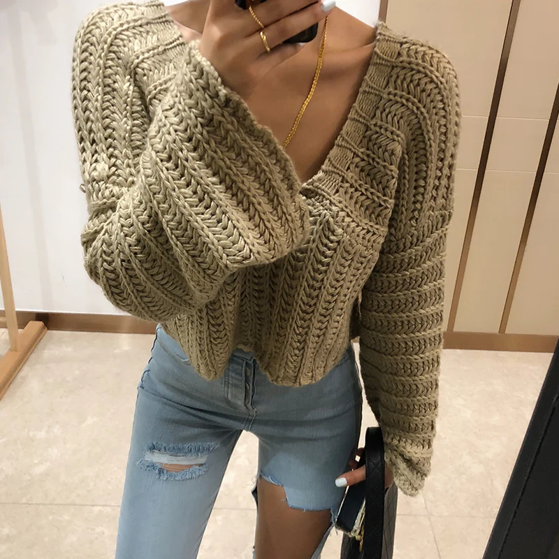 2019 Time-limited Promotion Acrylic Full Pullover Sweater Women Poncho Sexy V-neck Line Trumpet Sleeve Knitted | Женская одежда