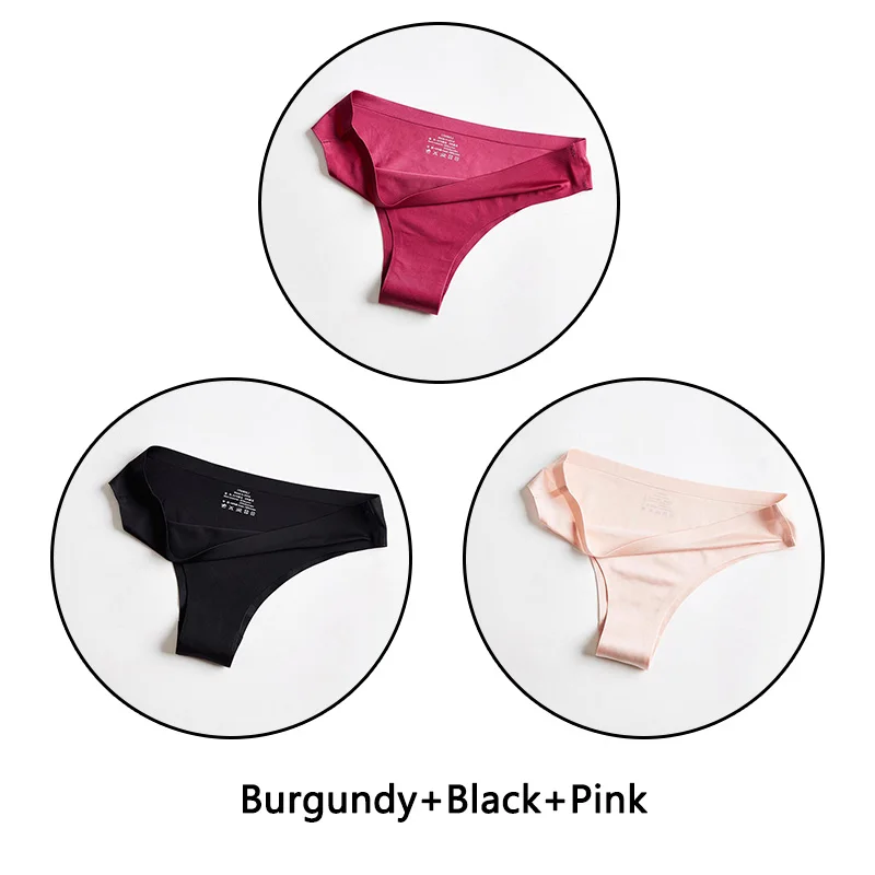 Burgundy Black Pink 3 шт./партия, бесшовное женское нижнее белье, мягкие шелковые трусы, сексуальное женское белье, одноцветные трусы M-3XL трусы большого размера - Цвет: Burgundy Black Pink