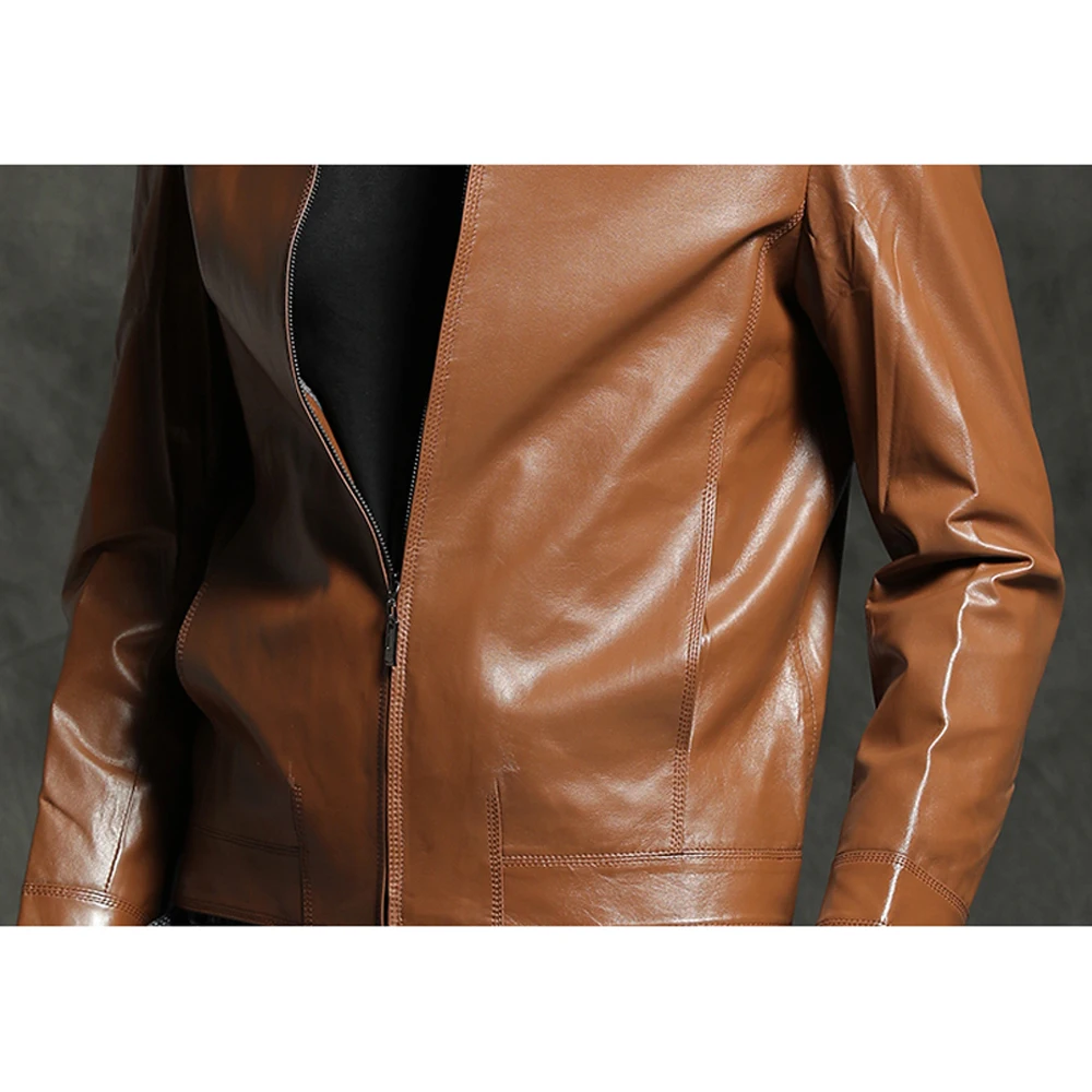 

Real Young Men Sheepskin Coat Brown Short Top Quality Mandarin Collar Slim Genuine Leather Clothing Autumn Leather Outwear