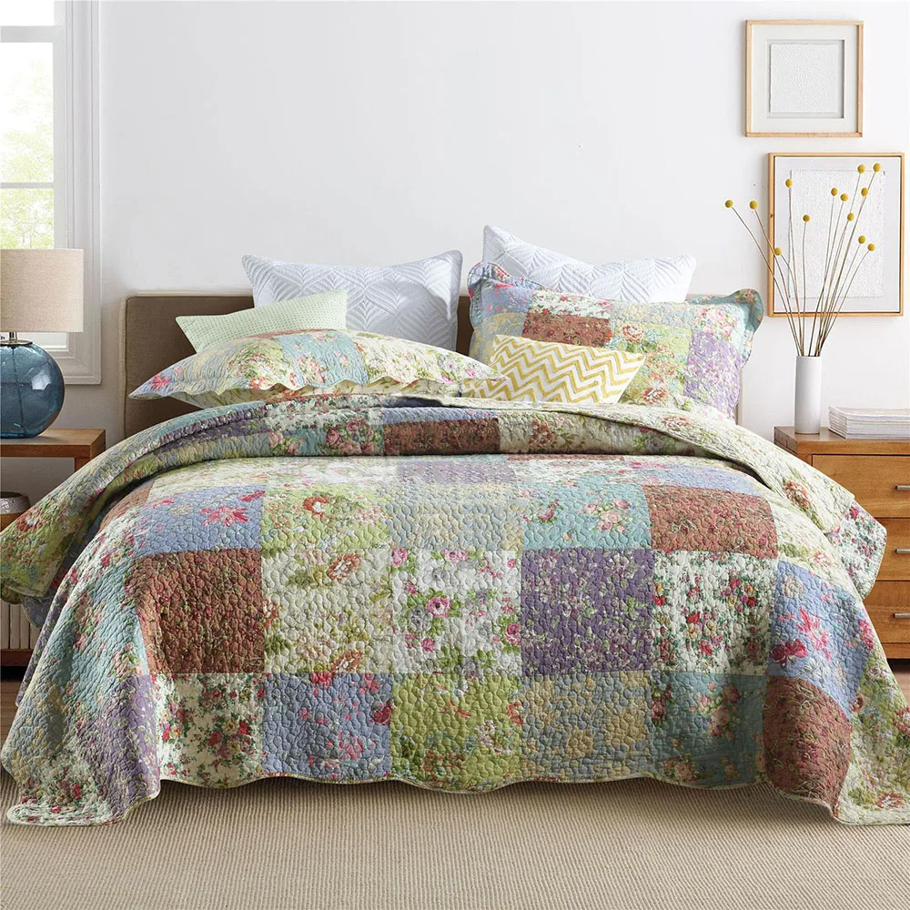 

CHAUSUB Floral Bedspreads Quilt Set 3pcs Cotton Quilts Handmade Patchwork Coverlet Quilted Bed Cover King Queen Summer Blanket
