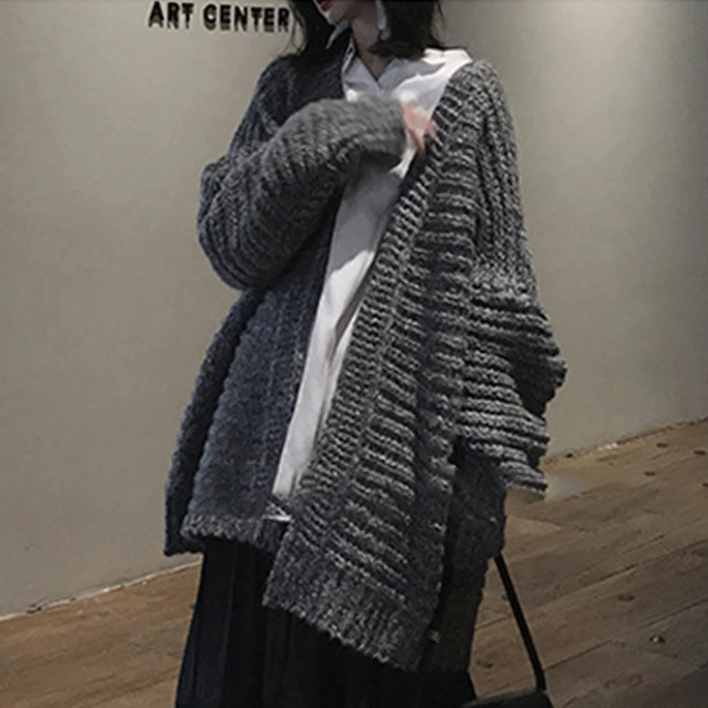 

Модный женский вязаный свитер средней длины, минималистский однотонный Кардиган с длинным рукавом, в стиле пэчворк, с V-образным вырезом, св...