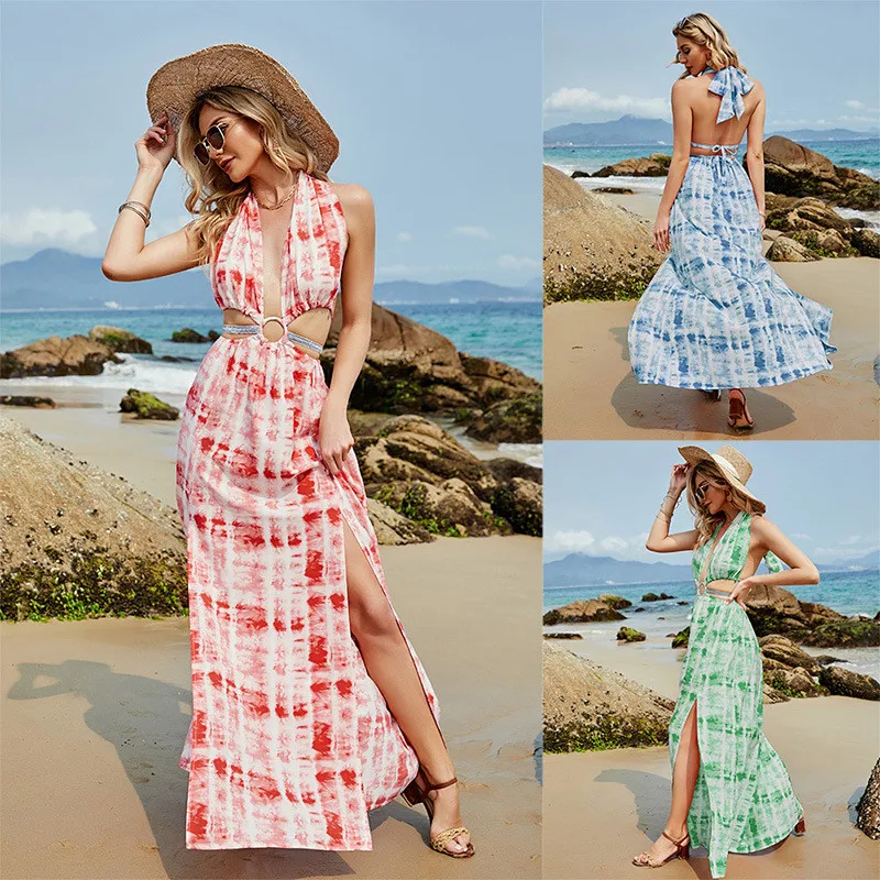 

Летнее модное сексуальное женское платье миди с открытой спиной и лямкой на шее, повседневное однотонное женское пляжное платье без рукаво...