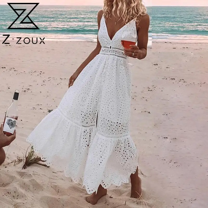 Z-ZOUX женское платье с вышивкой белое глубоким v-образным вырезом и высокой талией