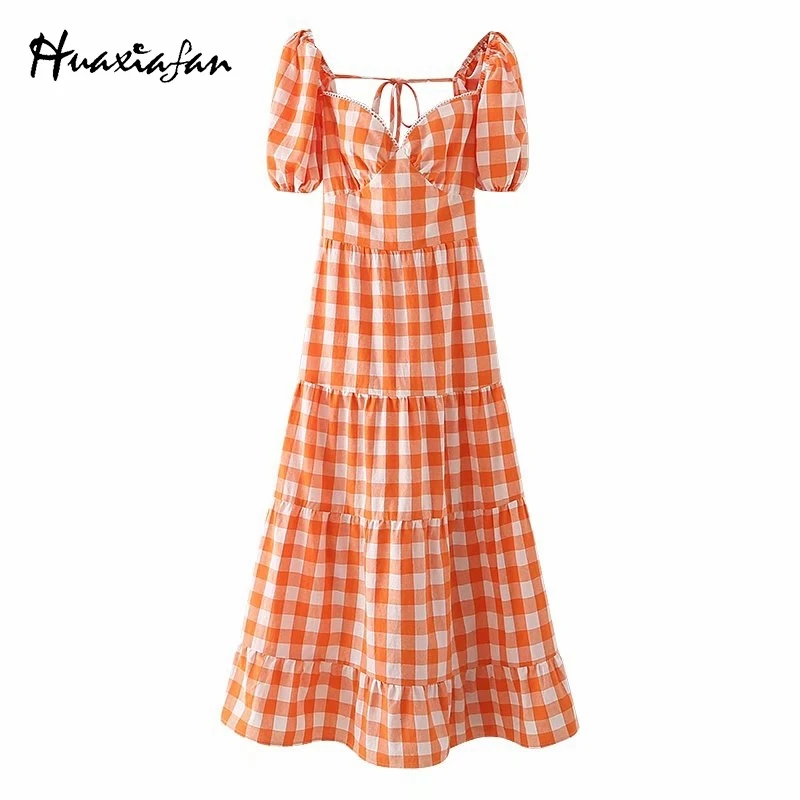 

Huaxiafan Plaid Print Long Dress Women Casual Backless Elegant Ladies Summer Sexy Party Plus Maxi Dresses Vestidos Female 2021