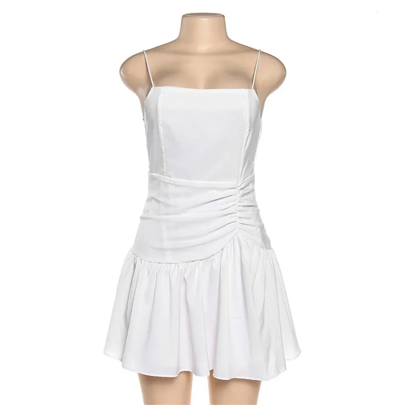 

Sleeveless Sexy Slip Mini White Elegant Solid Peplum Short Dress Women Slash neck Spaghetti Strap Summer Sundress Camisole Dress