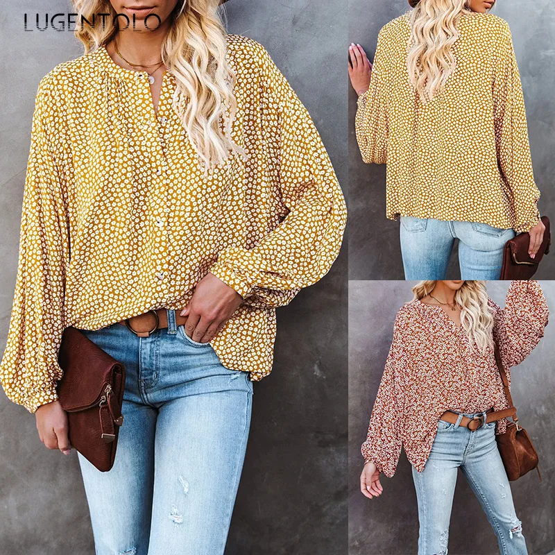 

Рубашка Lugentolo женская с цветочным принтом, Топ с длинным рукавом и V-образным вырезом, свободная повседневная однобортная блузка, весна-лето