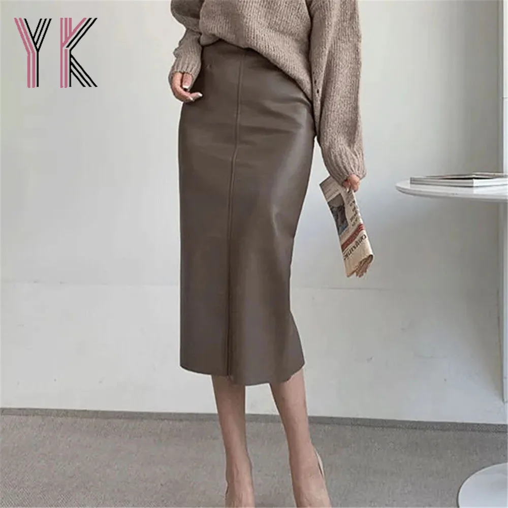 

Back Slit Pu Faux Leather Midi Wrap Straight Skirt Korean Wild Sexy Tight Sukienka Black Brown Zipper Women Office Lady Y2k Saia