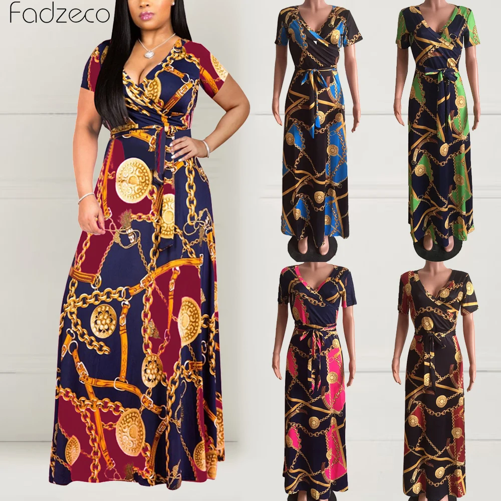Fadzeco Новое Африканское платье для женщин Модный халат Дашики печати V шеи ремень