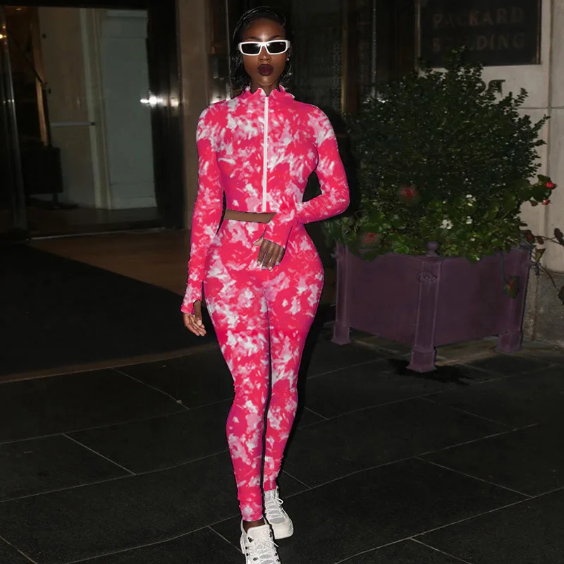 

Tie Dye Bodycon Women Matching Sets Sexy Club Fashion Skinny 2 Piece Outfits Long Sleeve Crop Top And Stacked Pants Sweatsuit