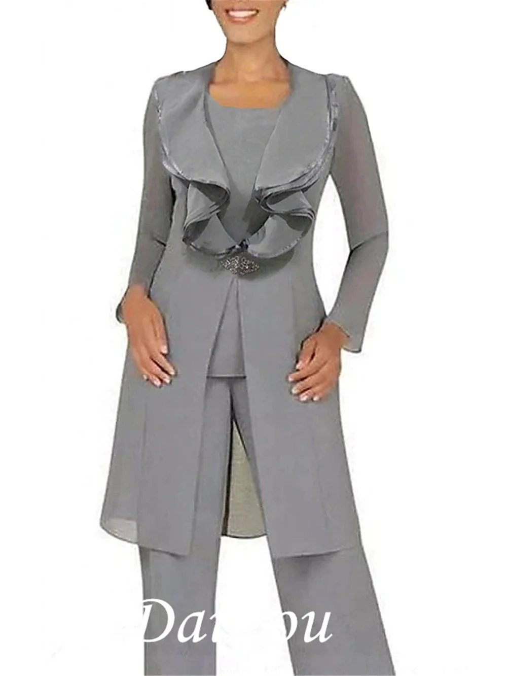 

Pantsuit / Jumpsuit Mother of the Bride Dress Sexy Jewel Neck Floor Length Chiffon Long Sleeve with Buttons 2021