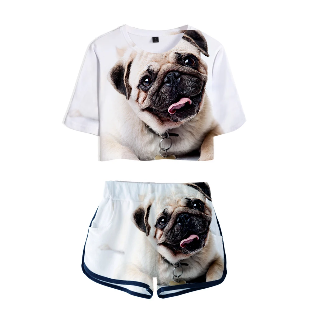 

3D Pug Exposed Navel T-shirt+Shorts Summer Women's Two-piece Sets Fashion Animal Dog Casual Girl's Yellow+White Two-piece Sets