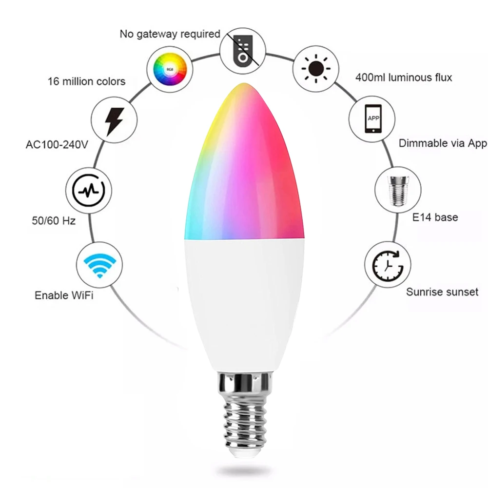 

LED WiFi Smart Lights Dimmable RGBW Color Change Candle Lamps C37 Lamp Head Bulb Light Indoor Bedroom Decoration