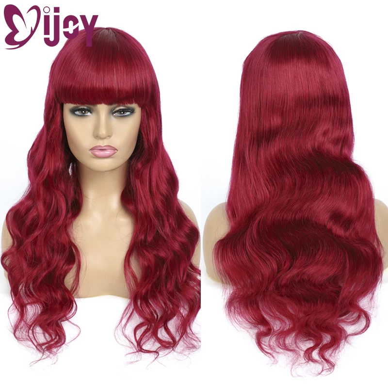 

IJOY 99J/Burgundy Body Wave Human Hair Wigs With Bangs Brazilian Non-Remy Full Machine Made Wig Glueless Wig For Black Women