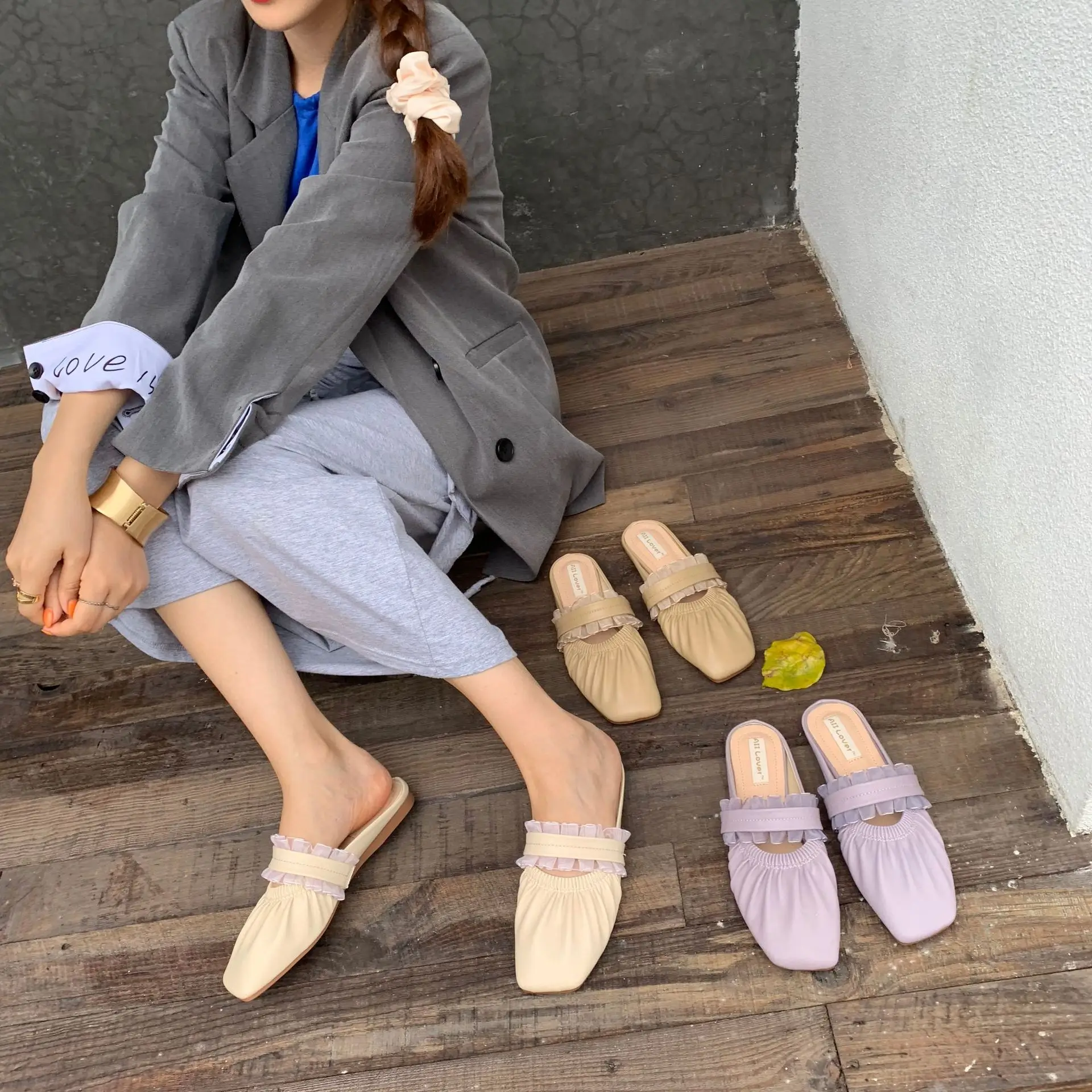 

Flat Shoes Female PU Slippers Soft Beige Heeled Sandals Luxury Slides Comfort Black Designer Rubber Slip-On Fabric Round Toe Fre