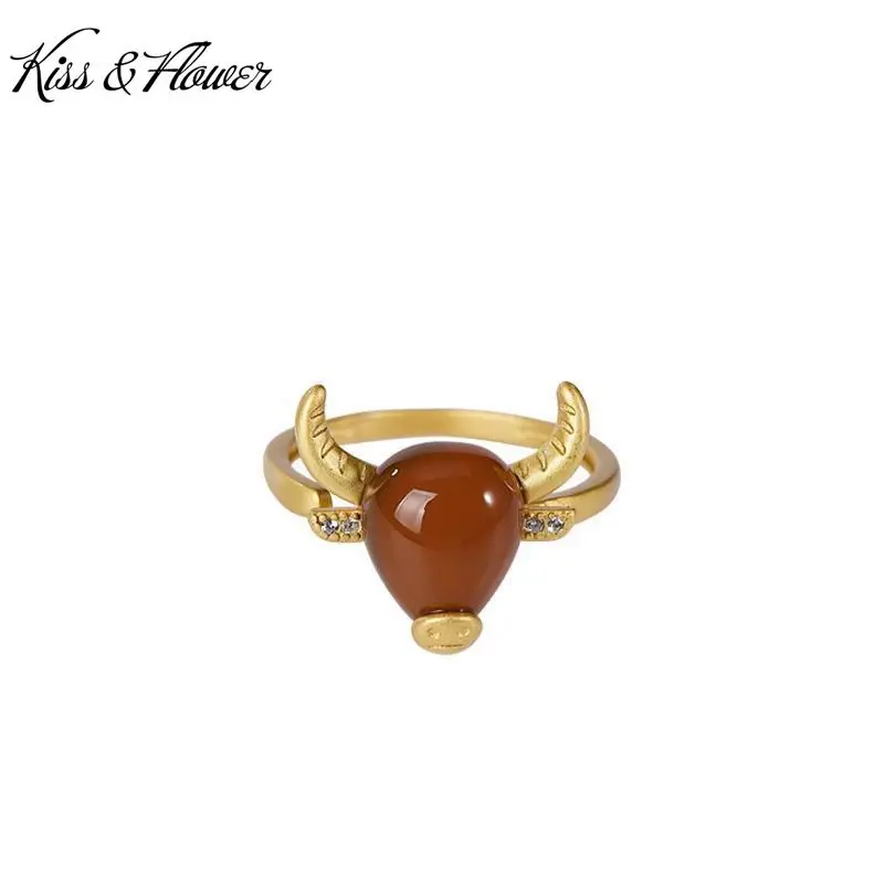 

KISS&FLOWER RI120 Fine Jewelry Wholesale Fashion Woman Girl Birthday Wedding Gift Vintage Horns 24KT Gold Resizable Ring
