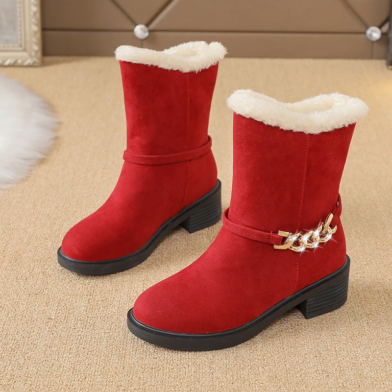 

2021 Autumn and Winter New Fashion Round Toe Thick Heel Plus Velvet Snow Boots Color Matching Comfortable Women's Boots
