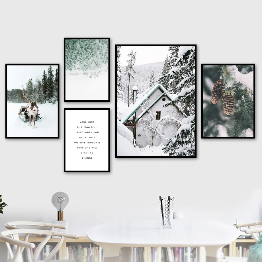 

Deer Pine Forest Tree Snow Sence Winter Wall Art Canvas Painting Nordic Posters Prints Wall Pictures for Kids Living Room Decor
