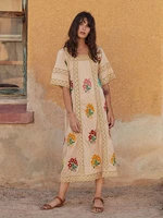 summer new style retro ethnic embroidery lace loose fitting square collar loose dress bohemian holiday beach island dress